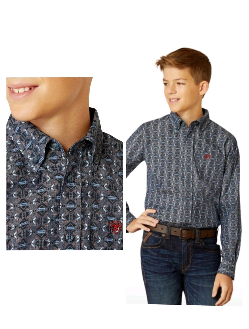 M1246) Ariat Youth Boy's Western Rochard Button Down Chambray Shirt XL (18)